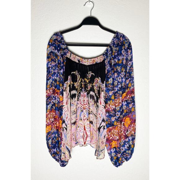 Free People Women's Colorful Bohemian Peasant Top Blouse Puff Sleeves Sheer Boho - Picture 2 of 6